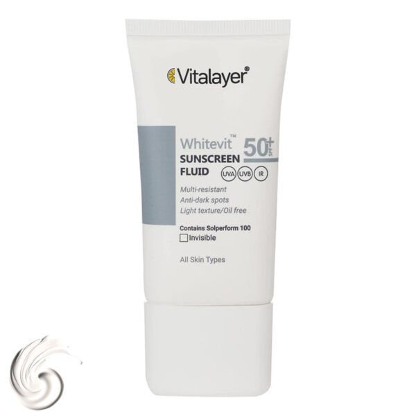فلوئید ضدآفتاب بی‌رنگ ویتالیر SPF50 مدل Whitevit مناسب انواع پوست، حجم 50 میلی‌لیتر